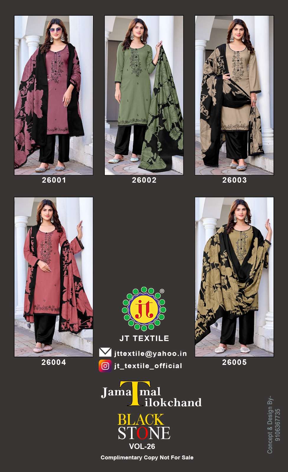 Display of JT Textile clothing with models wearing different outfits against a neutral background. | JT TEXTILE BLACK STONE VOL-26 26001 TO 26005 SERIES PURE RAYON EMBROIDERY PAKISTANI DRESSES