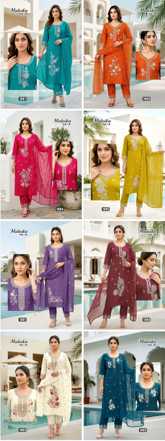 Malvika Vol 8 Roman Silk Kurti Pant Dupatta Set - Amrah Wholesale
