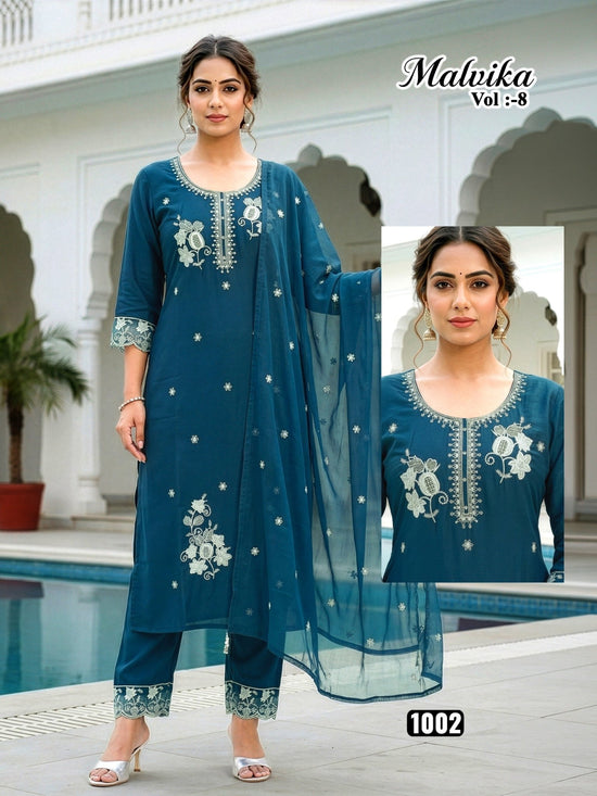 Malvika Vol 8 Roman Silk Kurti Pant Dupatta Set - Amrah Wholesale