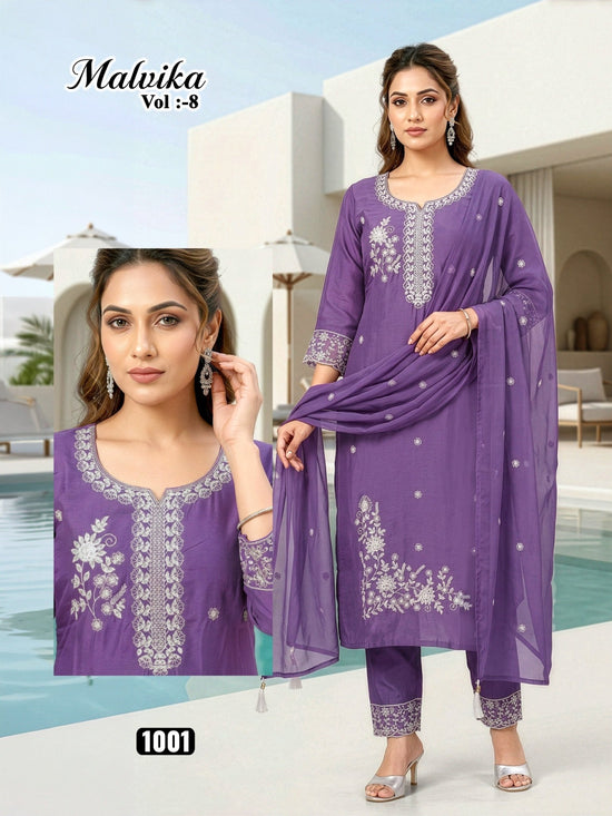 Malvika Vol 8 Roman Silk Kurti Pant Dupatta Set - Amrah Wholesale