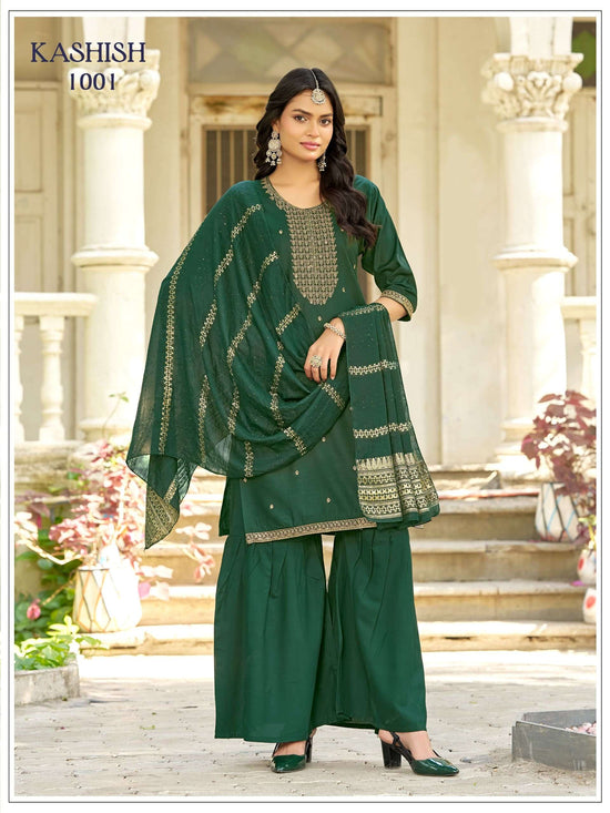 Mukesh Kashish 1001–1007 Rayon Sharara Salwar Suit Set