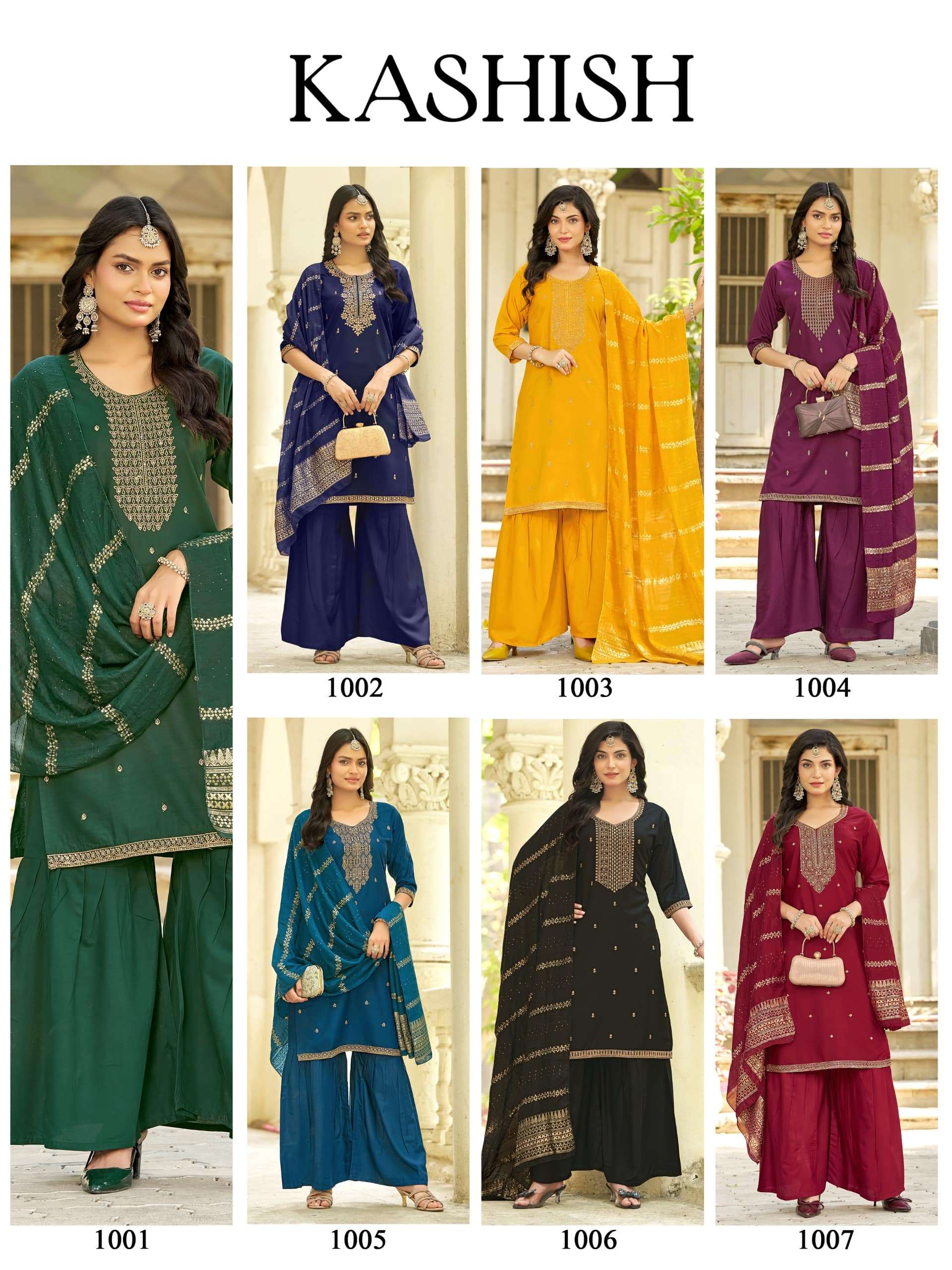 Mukesh Kashish 1001–1007 Rayon Sharara Salwar Suit Set
