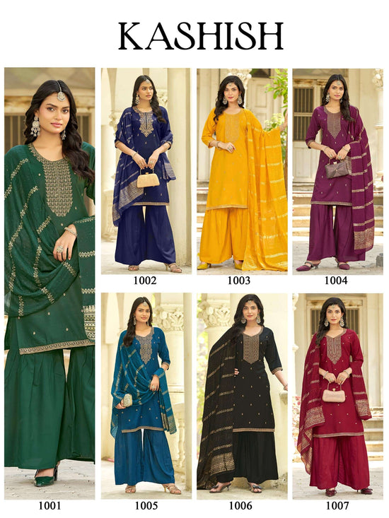 Mukesh Kashish 1001–1007 Rayon Sharara Salwar Suit Set