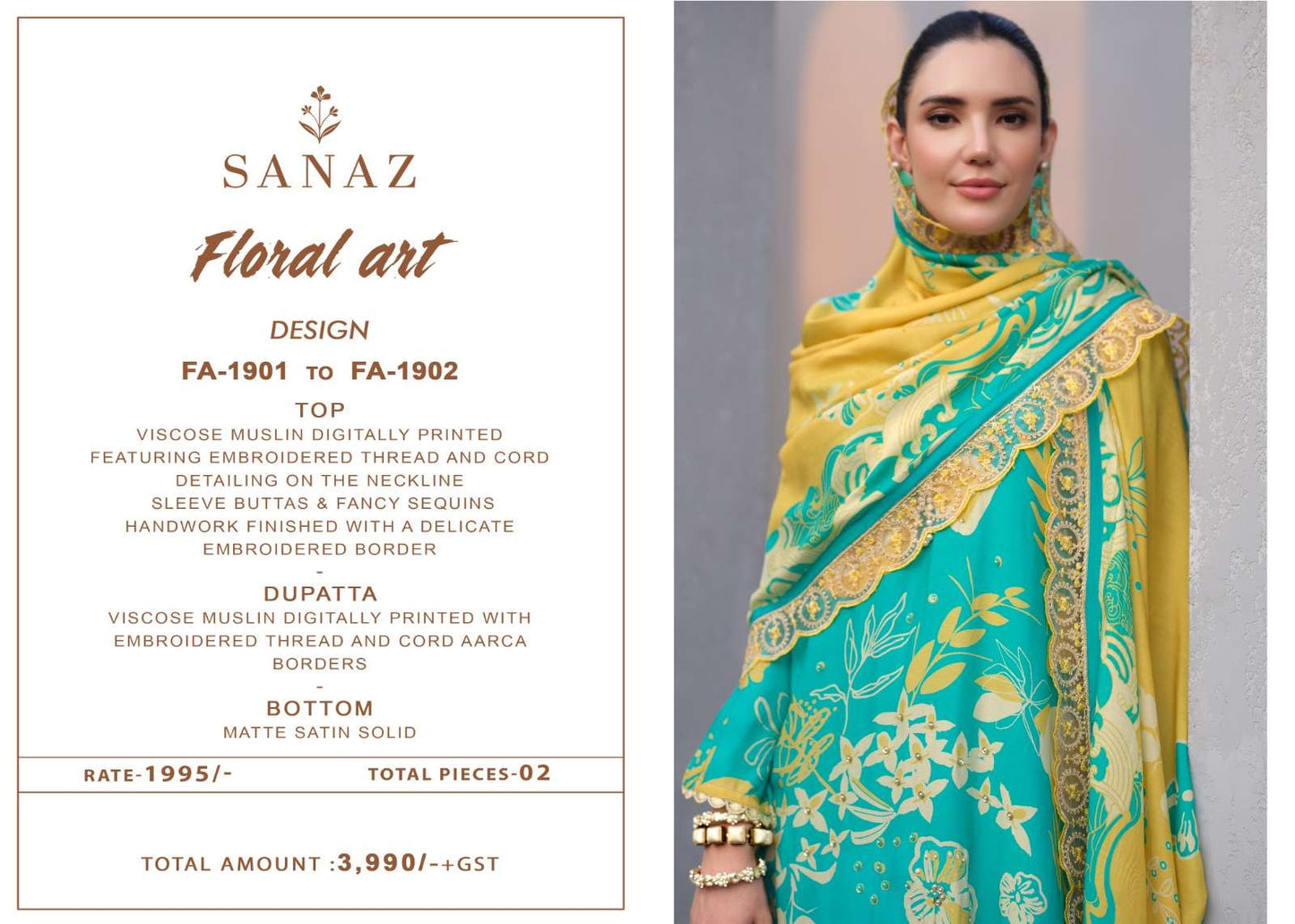 Sanaz Floral Art Viscose Muslin Pakistani Suit