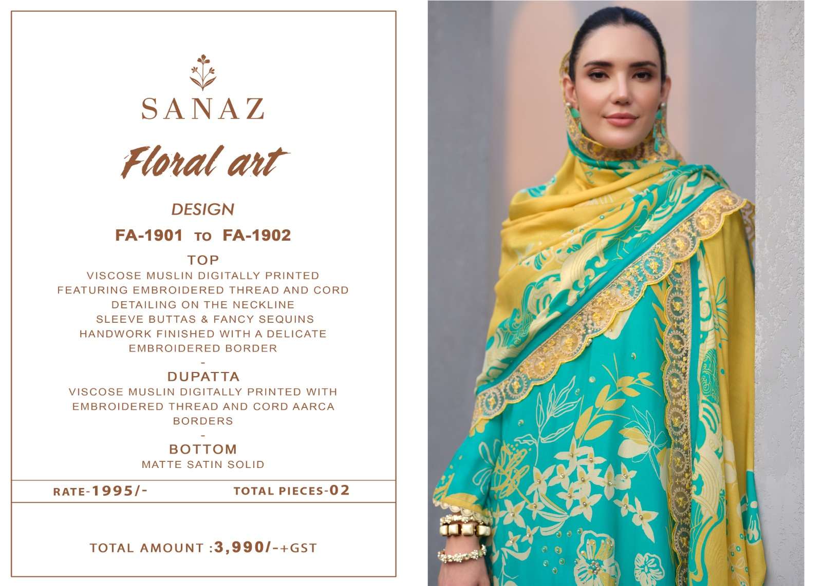 Sanaz Floral Art Viscose Muslin Pakistani Suit