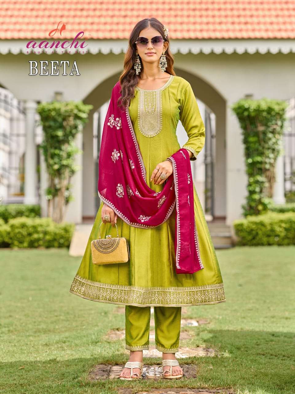 AANCHI BEETA Vichitra Silk Embroidered Anarkali Suit