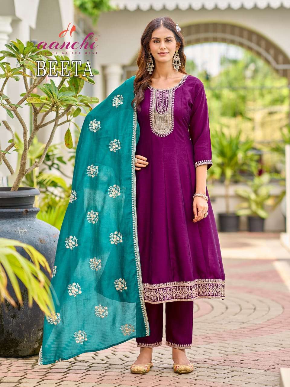 AANCHI BEETA Vichitra Silk Embroidered Anarkali Suit
