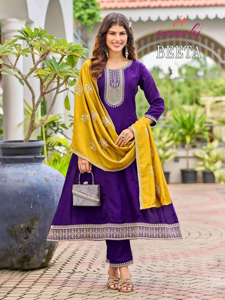 AANCHI BEETA Vichitra Silk Embroidered Anarkali Suit