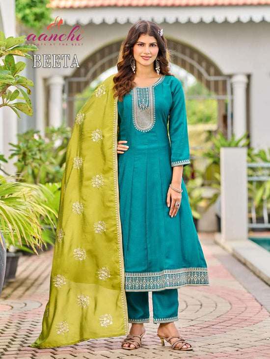 AANCHI BEETA Vichitra Silk Embroidered Anarkali Suit