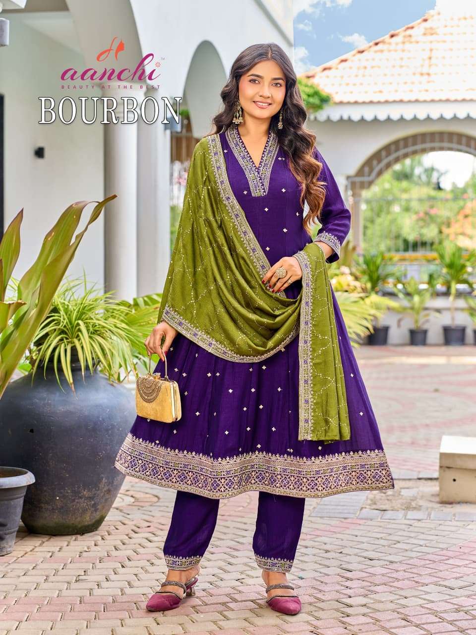 AANCHI BOURBON Vichitra Silk Embroidered Stitched Anarkali Punjabi Suit Set - Amrah Wholesale