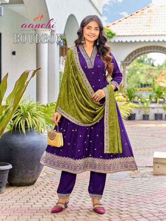 AANCHI BOURBON Vichitra Silk Embroidered Stitched Anarkali Punjabi Suit Set - Amrah Wholesale