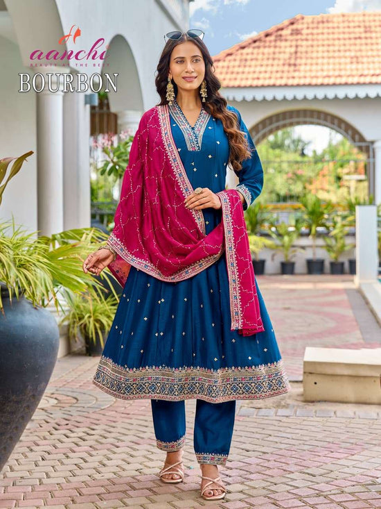 AANCHI BOURBON Vichitra Silk Embroidered Stitched Anarkali Punjabi Suit Set - Amrah Wholesale