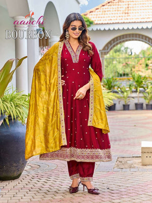 AANCHI BOURBON Vichitra Silk Embroidered Stitched Anarkali Punjabi Suit Set - Amrah Wholesale