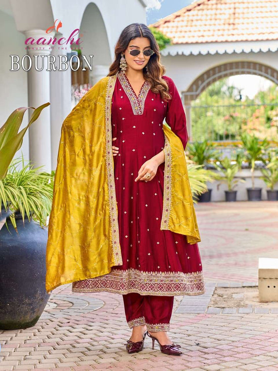 AANCHI BOURBON Vichitra Silk Embroidered Stitched Anarkali Punjabi Suit Set - Amrah Wholesale