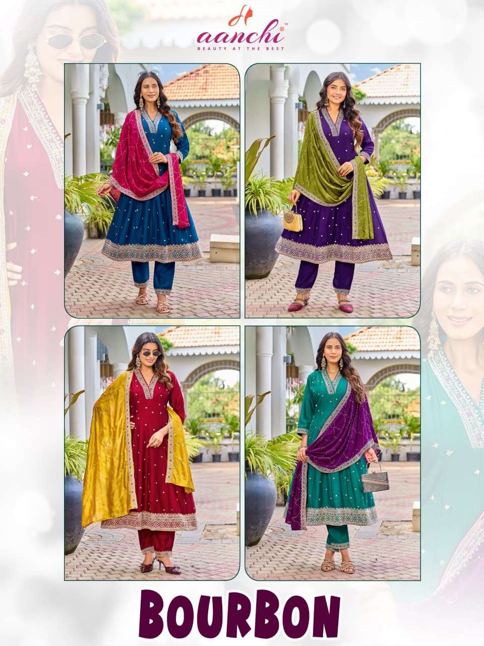 AANCHI BOURBON Vichitra Silk Embroidered Stitched Anarkali Punjabi Suit Set - Amrah Wholesale