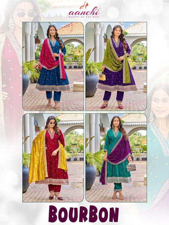 AANCHI BOURBON Vichitra Silk Embroidered Stitched Anarkali Punjabi Suit Set - Amrah Wholesale