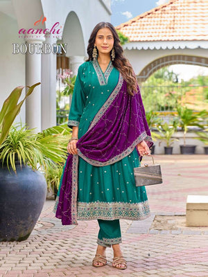 AANCHI BOURBON Vichitra Silk Embroidered Stitched Anarkali Punjabi Suit Set - Amrah Wholesale