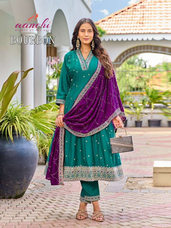 AANCHI BOURBON Vichitra Silk Embroidered Stitched Anarkali Punjabi Suit Set - Amrah Wholesale