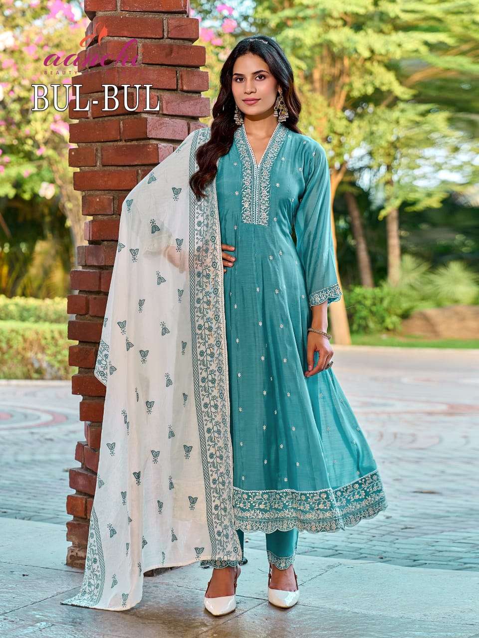 Aanchi Bulbul Mal Chanderi Embroidery Punjabi Anarkali Suit Set - Amrah Wholesale