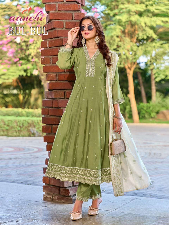 Aanchi Bulbul Mal Chanderi Embroidery Punjabi Anarkali Suit Set - Amrah Wholesale