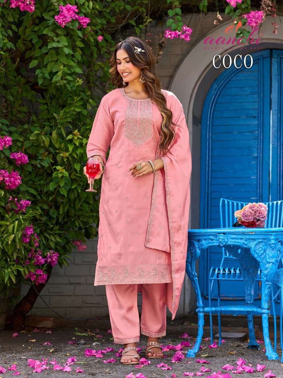 Aanchi Coco Glass Roman Kurti Pant Dupatta Set Wholesale - Amrah Wholesale