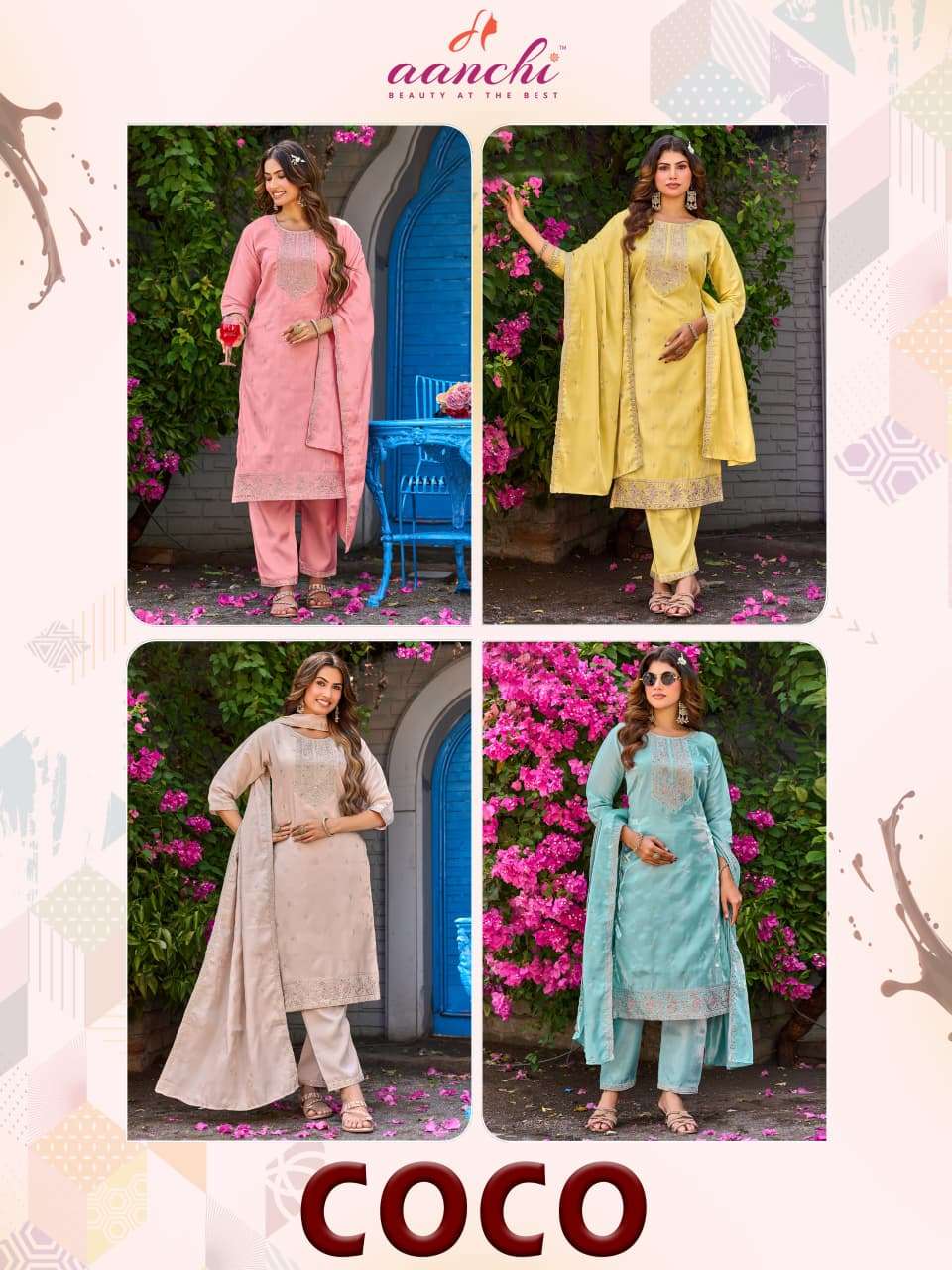 Aanchi Coco Glass Roman Kurti Pant Dupatta Set Wholesale - Amrah Wholesale