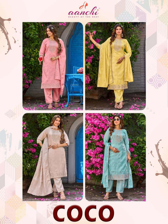 Aanchi Coco Glass Roman Kurti Pant Dupatta Set Wholesale - Amrah Wholesale