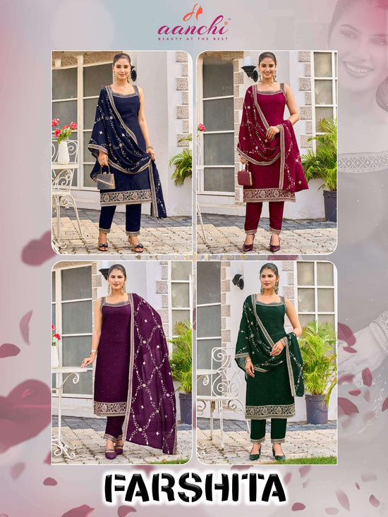 AANCHI FARSHITA Vichitra Silk Embroidered Stitched Punjabi Suit Set Wholesale Collection