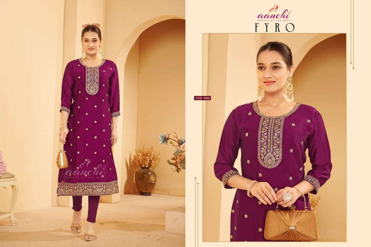 AANCHI FYRO Vichitra Silk Embroidered Kurti - Amrah Wholesale
