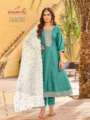 AANCHI JAMES Crystal Silk Punjabi Anarkali Suit Set