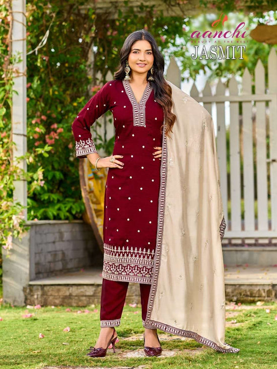 Aanchi Jasmit Vichitra Silk Embroidered Salwar Suit Set - Amrah Wholesale