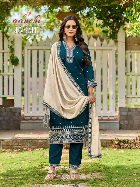 Aanchi Jasmit Vichitra Silk Embroidered Salwar Suit Set - Amrah Wholesale