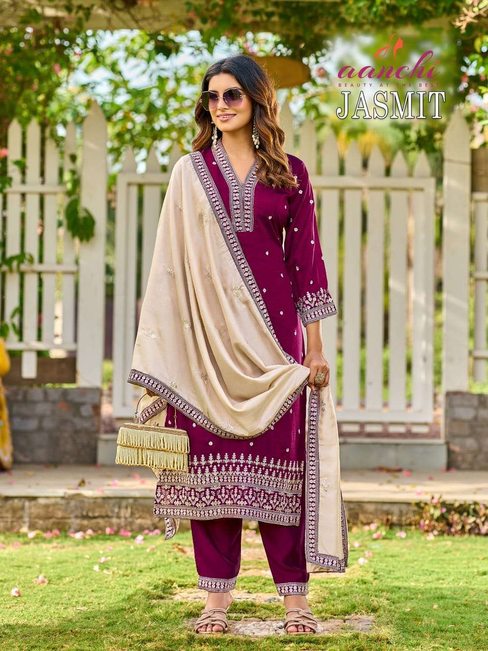 Aanchi Jasmit Vichitra Silk Embroidered Salwar Suit Set - Amrah Wholesale