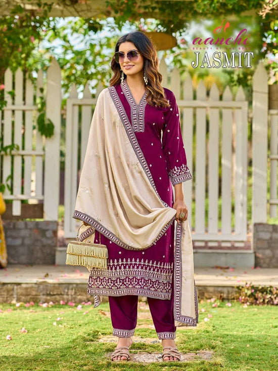 Aanchi Jasmit Vichitra Silk Embroidered Salwar Suit Set - Amrah Wholesale
