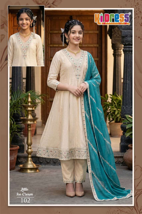 Aanchi Little Ice Cream Vichitra Silk Kurti Pant Dupatta Set - Amrah Wholesale