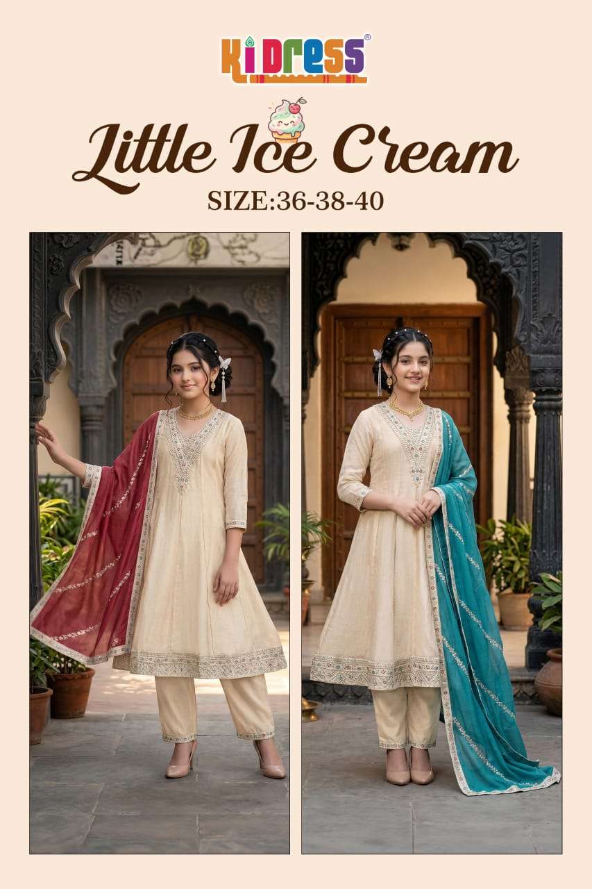 Aanchi Little Ice Cream Vichitra Silk Kurti Pant Dupatta Set - Amrah Wholesale
