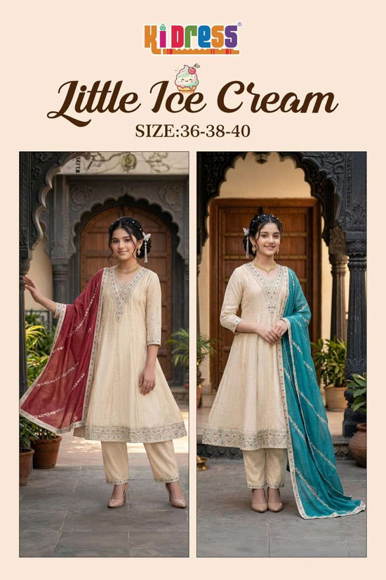 Aanchi Little Ice Cream Vichitra Silk Kurti Pant Dupatta Set - Amrah Wholesale