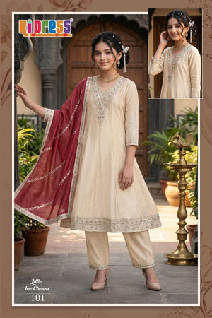 Aanchi Little Ice Cream Vichitra Silk Kurti Pant Dupatta Set - Amrah Wholesale