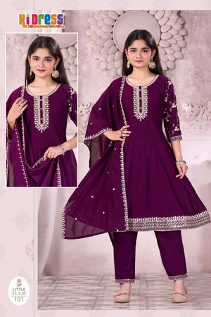 Aanchi Little Tulip Vichitra Silk Embroidery Girls Ethnic Dress