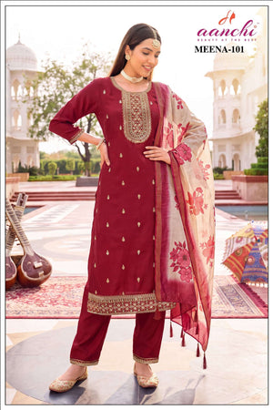 Aanchi Meena Satin Embroidery Ready To Wear Punjabi Suit