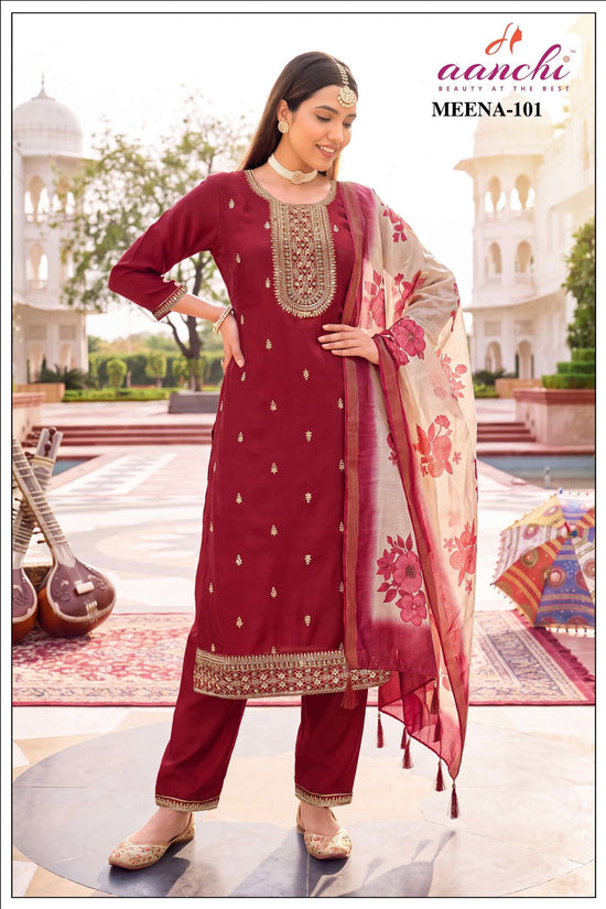 Aanchi Meena Satin Embroidery Ready To Wear Punjabi Suit