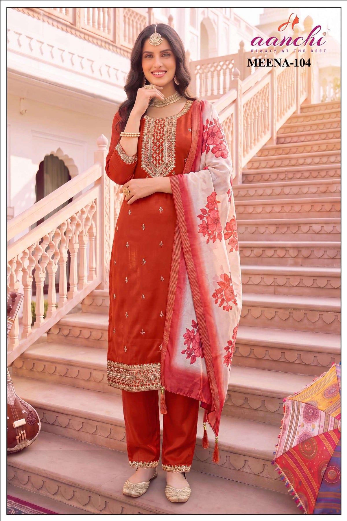 Aanchi Meena Satin Embroidery Ready To Wear Punjabi Suit