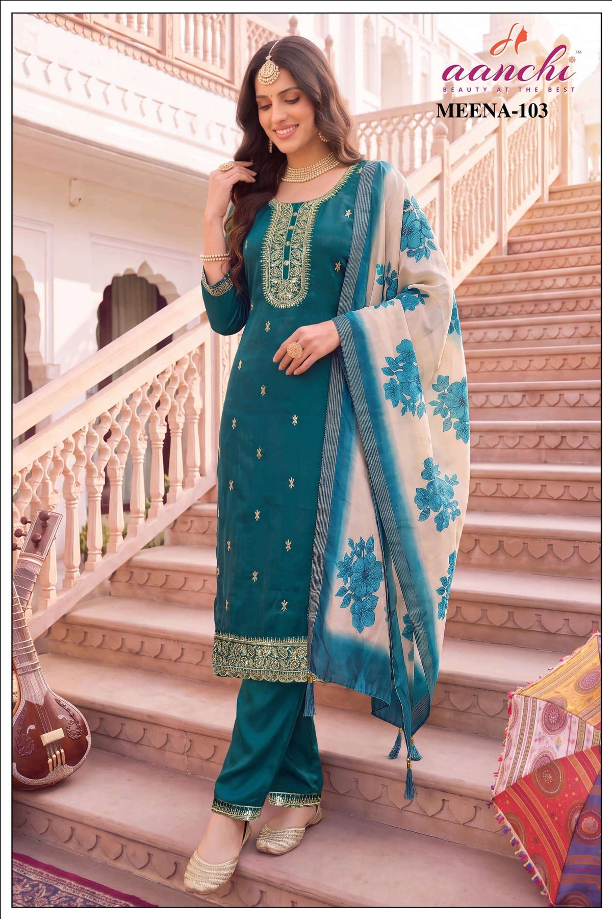 Aanchi Meena Satin Embroidery Ready To Wear Punjabi Suit