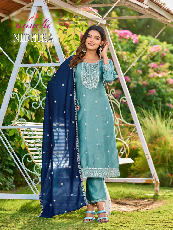 Aanchi Nidhika Crystal Silk Embroidery Stitched Suit Set
