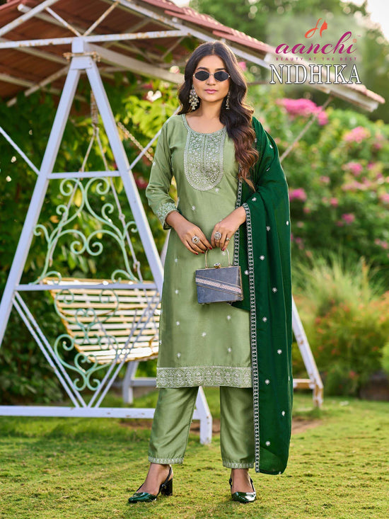 Aanchi Nidhika Crystal Silk Embroidery Stitched Suit Set