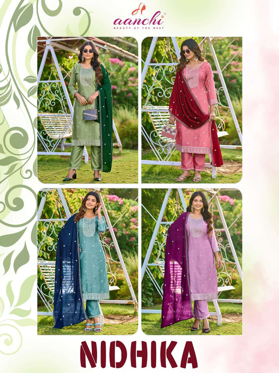Aanchi Nidhika Crystal Silk Embroidery Stitched Suit Set