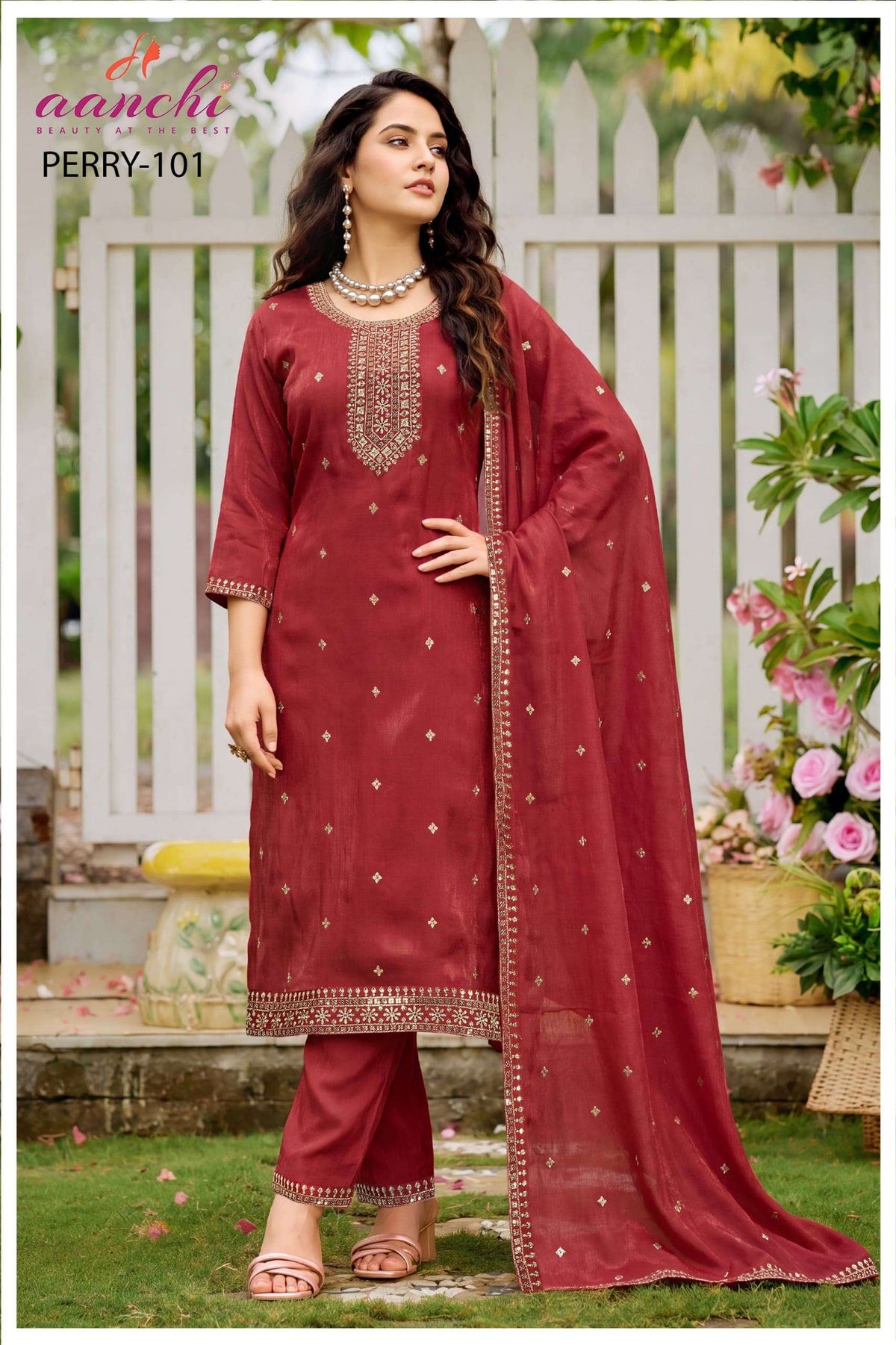 Aanchi Perry Chiffon Satin Embroidered Salwar Suit Set