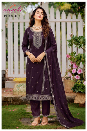 Aanchi Perry Chiffon Satin Embroidered Salwar Suit Set