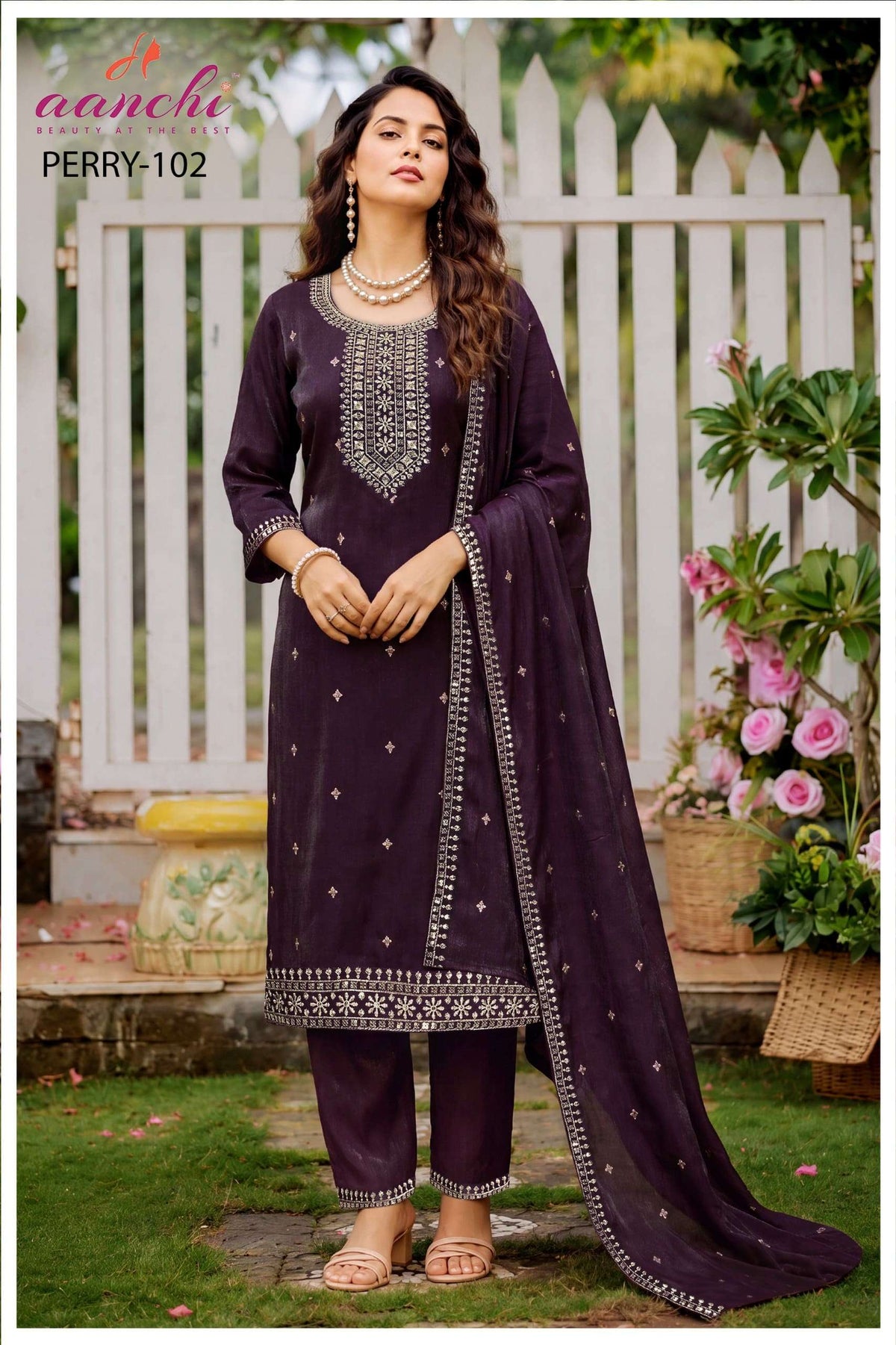 Aanchi Perry Chiffon Satin Embroidered Salwar Suit Set
