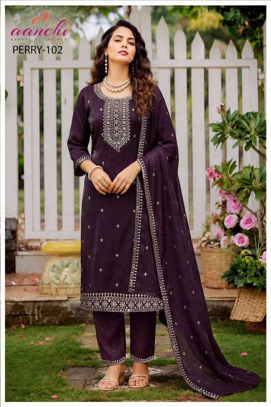 Aanchi Perry Chiffon Satin Embroidered Salwar Suit Set